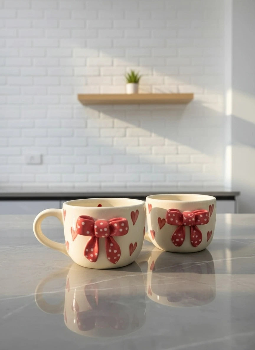 Handcrafted Red Bow Ceramic Mug with Hearts | Artisan Coffee & Tea Cup