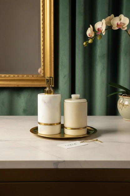 Handcrafted Marble Soap Dispenser Set with pure brass inlay | Luxury Bathroom Accessories