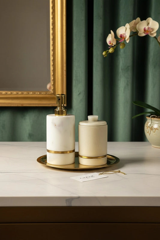 Handcrafted Marble Soap Dispenser Set with pure brass inlay | Luxury Bathroom Accessories