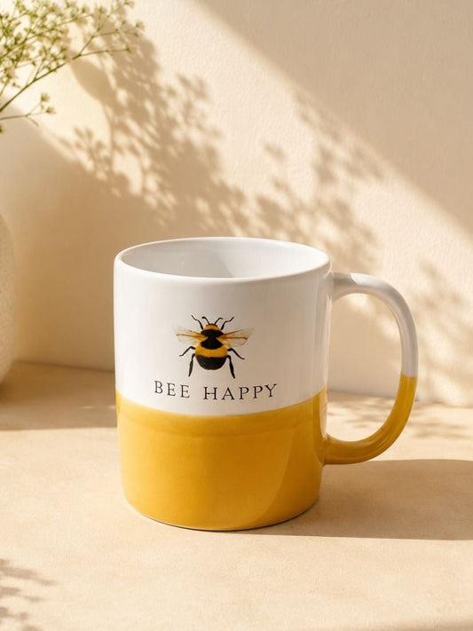 Bee Happy ceramic  mug with bumblebee design and yellow two-tone finish