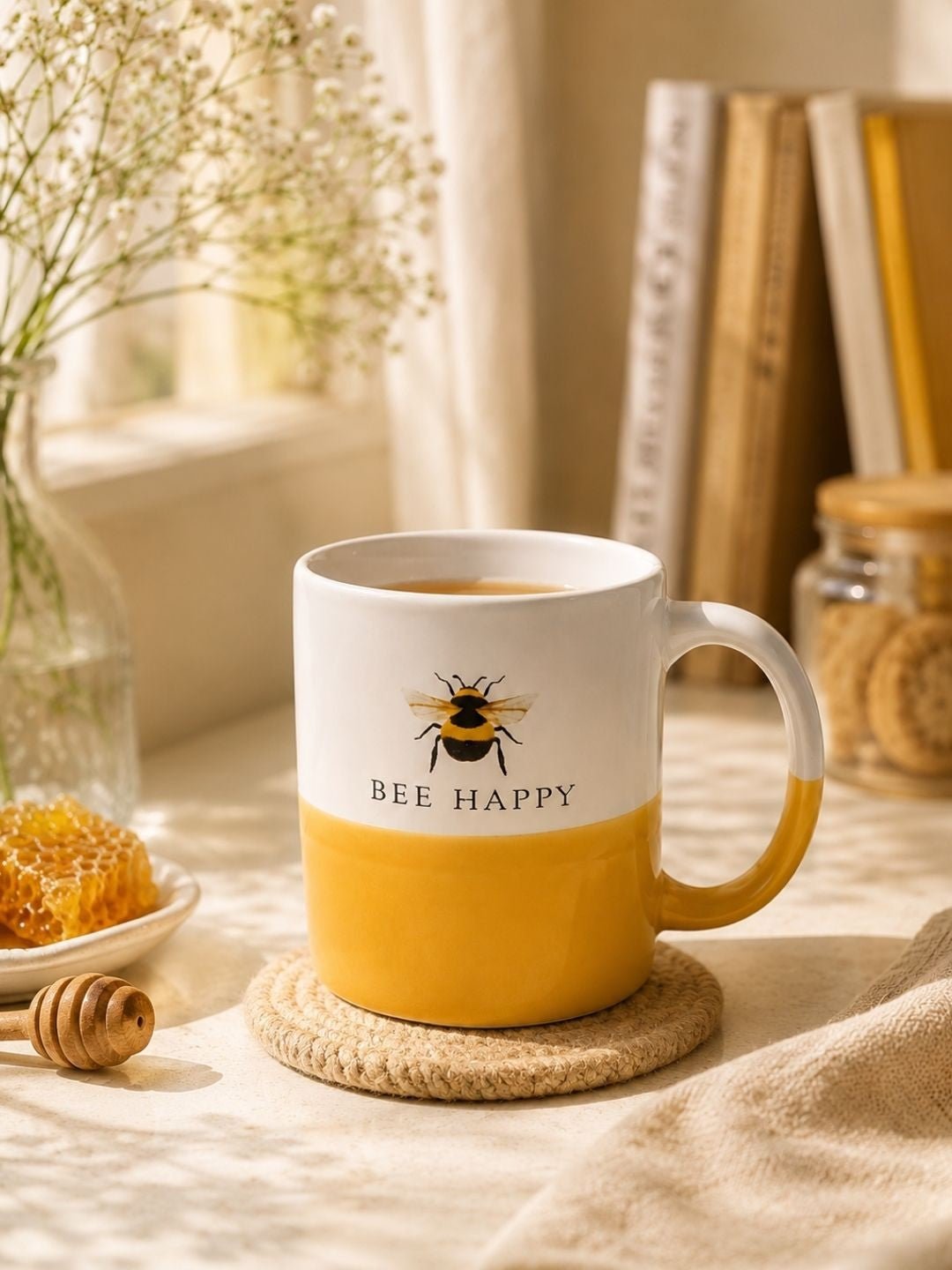 Bee Happy ceramic coffee mug with bumblebee design and yellow two-tone finish