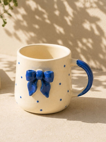 Blue Bow Ceramic Coffee Mug – Cute Ribbon Mug for Coffee & Tea Lovers | Handcrafted by CHAAK DESIGN