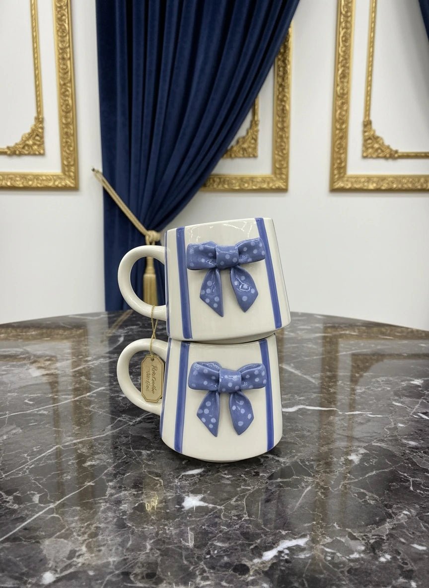 Blue Bow Ceramic Mug | Handcrafted Luxury Gift for Tea & Coffee | Handcrafted by CHAAK DESIGN
