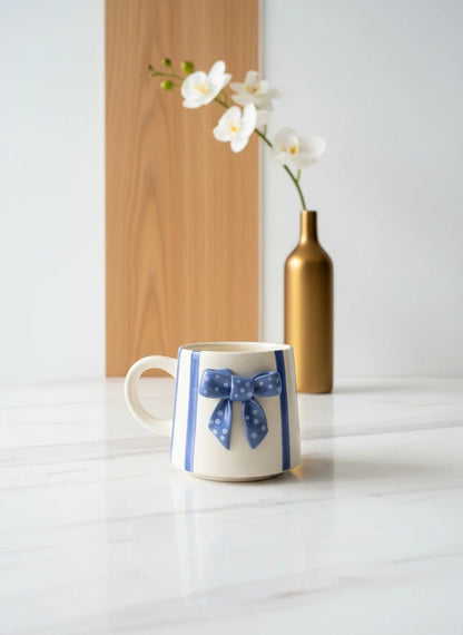 Blue Bow Ceramic Mug | Handcrafted Luxury Gift for Tea & Coffee | Handcrafted by CHAAK DESIGN