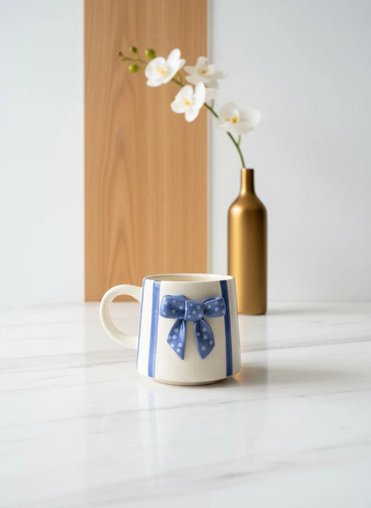 Blue Bow Ceramic Mug | Handcrafted Luxury Gift for Tea & Coffee | Handcrafted by CHAAK DESIGN