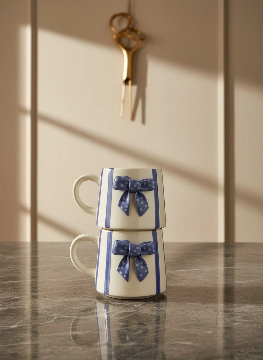 Blue Bow Ceramic Mug | Handcrafted Luxury Gift for Tea & Coffee | Handcrafted by CHAAK DESIGN