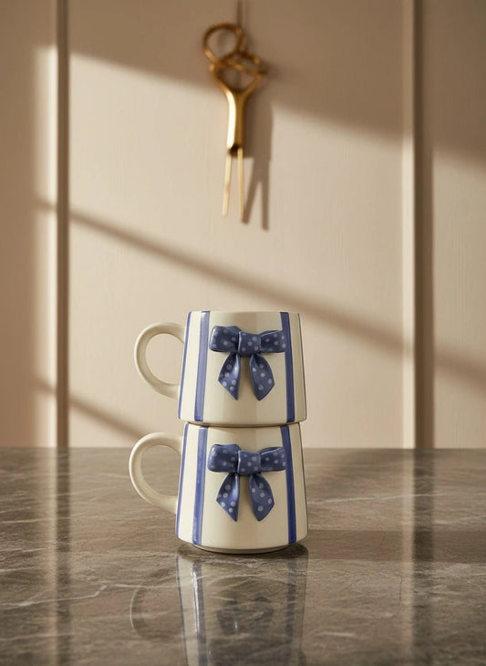 Blue Bow Ceramic Mug | Handcrafted Luxury Gift for Tea & Coffee | Handcrafted by CHAAK DESIGN