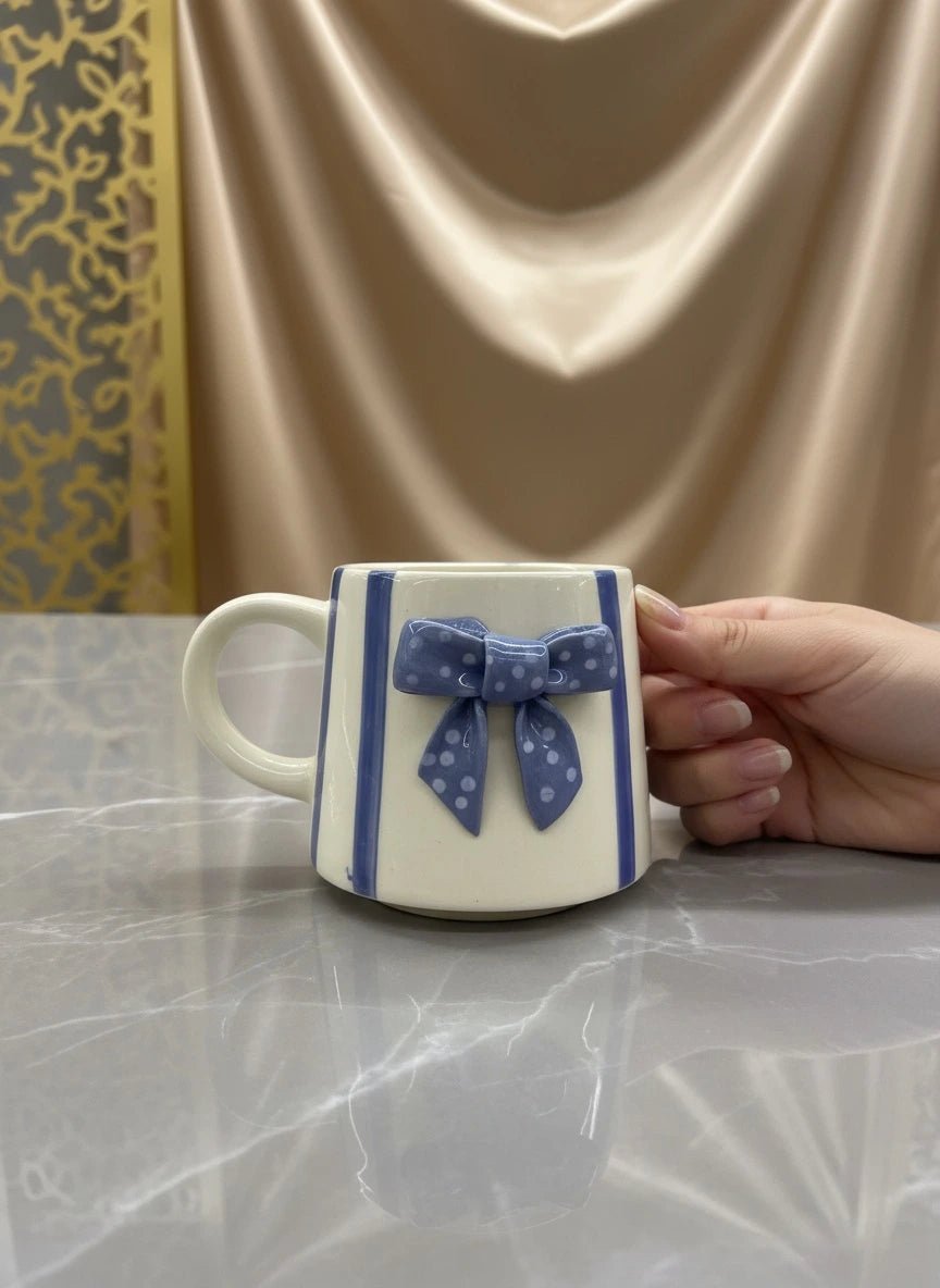 Blue Bow Ceramic Mug | Handcrafted Luxury Gift for Tea & Coffee | Handcrafted by CHAAK DESIGN