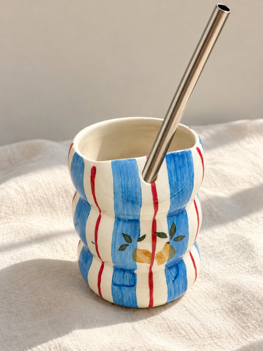 Blue stripe lemon bubble tumbler with steel straw, hand-painted ceramic by Chaak Design