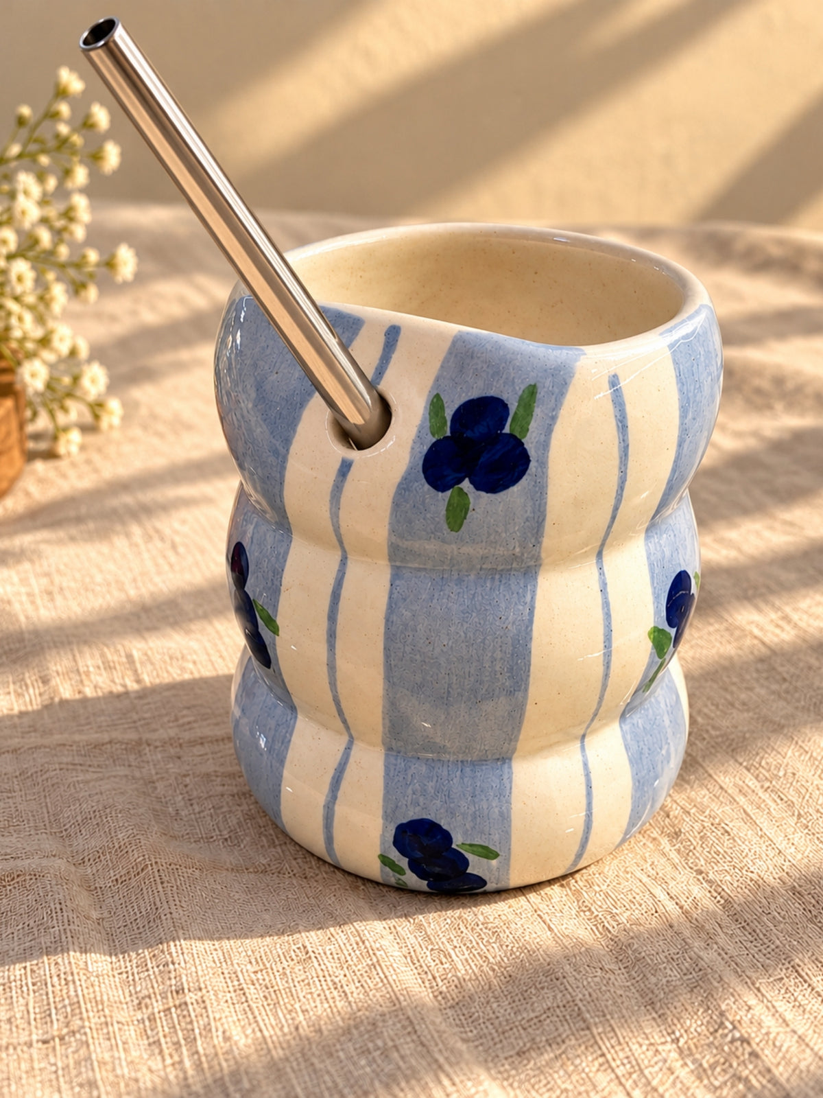 Blueberry bubble tumbler with steel straw, hand-painted pastel blue ceramic glass