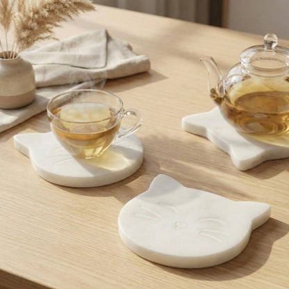 Cat Marble Coasters Set of 4 | Handcrafted Luxury Tableware | Handcrafted by CHAAK DESIGN