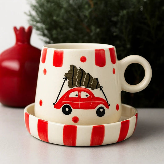 Christmas Hand - Painted Ceramic Mug & Saucer Set – Limited Edition | Handcrafted by CHAAK DESIGN