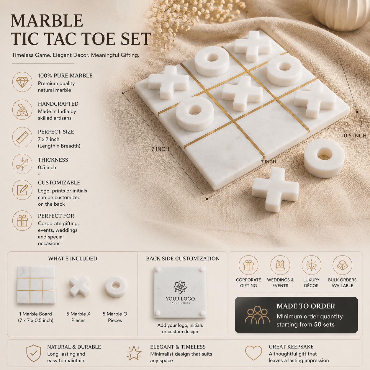 Custom Marble Tic Tac Toe Set | Personalized Corporate & Wedding Gift | Chaak Design | Handcrafted by CHAAK DESIGN