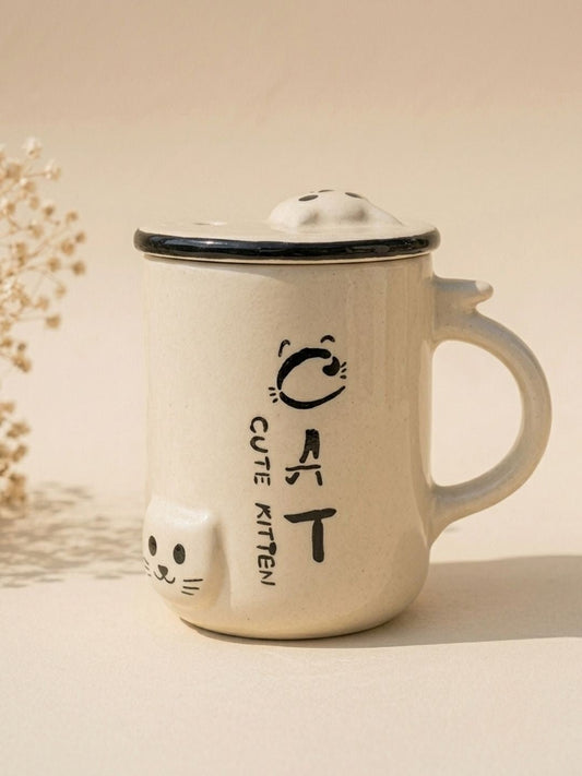 Cute Kitten Ceramic Mug with Lid – Cat Coffee Cup for Tea & Coffee Lovers | Handcrafted by CHAAK DESIGN