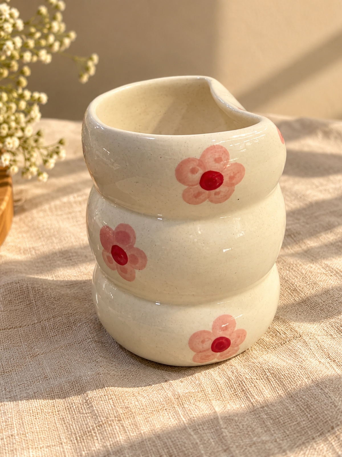 Pink flower bubble tumbler, hand-painted speckled cream ceramic glass