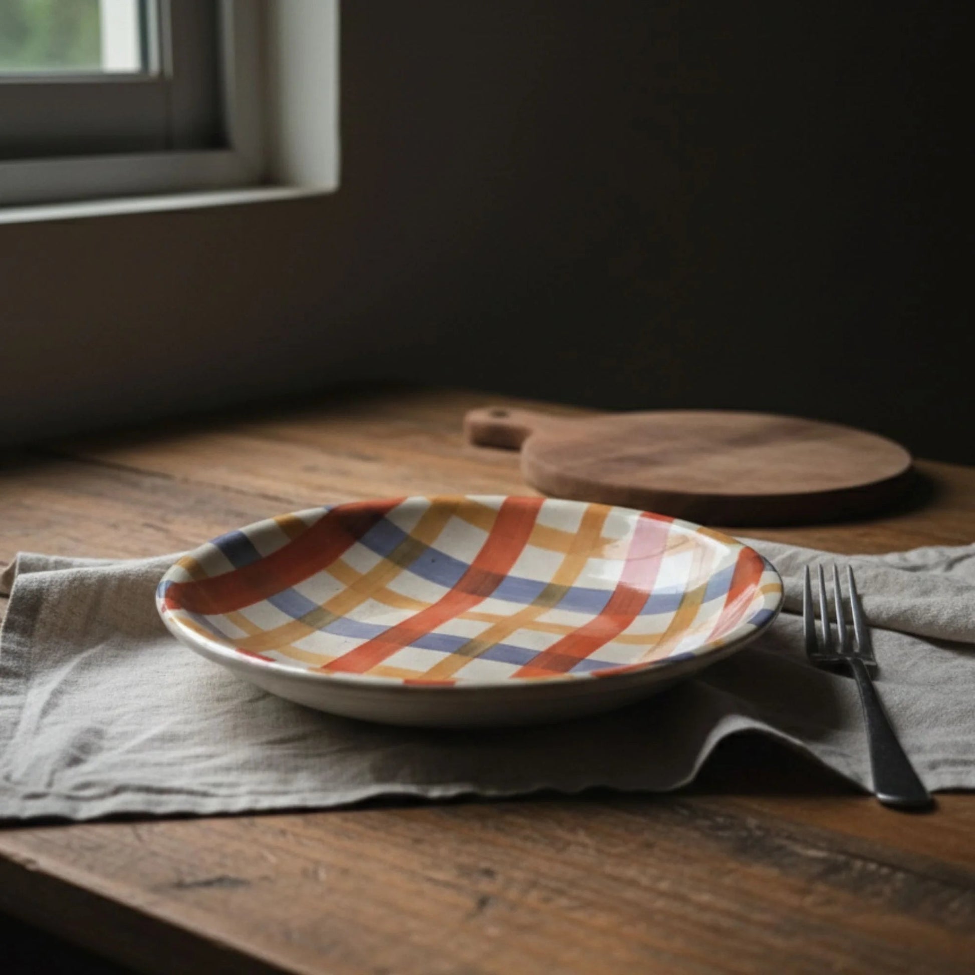 Hand - Painted Ceramic Pasta Plate (24 cm) | Modern Checkered Design | Artisan Dinnerware | Handcrafted by CHAAK DESIGN