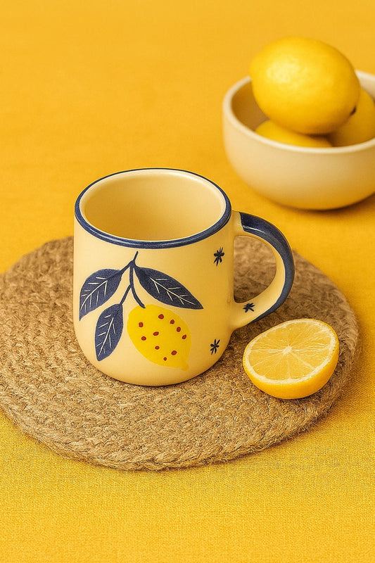 Hand - Painted Lemon Ceramic Mug – 300 ml Coffee & Tea Cup with Blue Handle | Handcrafted by CHAAK DESIGN