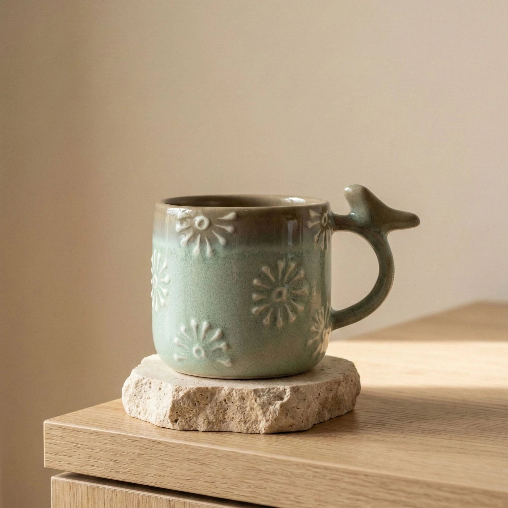 Handcrafted Bird Handle Ceramic Mug – Meadow Green Daisy Motif | Handcrafted by CHAAK DESIGN