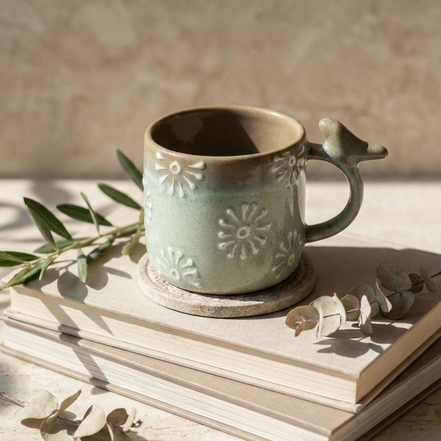 Handcrafted Bird Handle Ceramic Mug – Meadow Green Daisy Motif | Handcrafted by CHAAK DESIGN