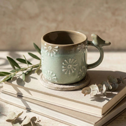 Handcrafted Bird Handle Ceramic Mug – Meadow Green Daisy Motif | Handcrafted by CHAAK DESIGN