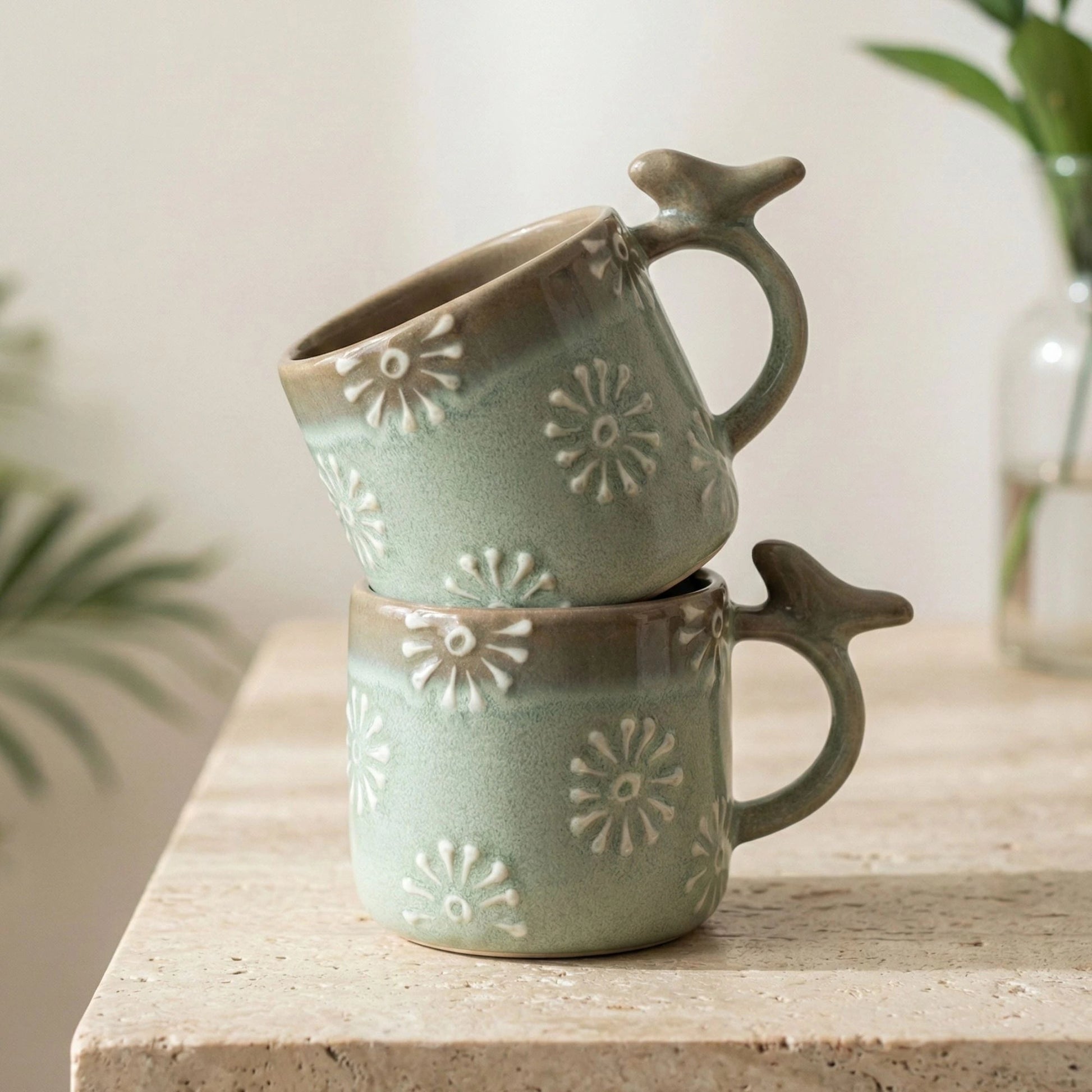 Handcrafted Bird Handle Ceramic Mug – Meadow Green Daisy Motif | Handcrafted by CHAAK DESIGN