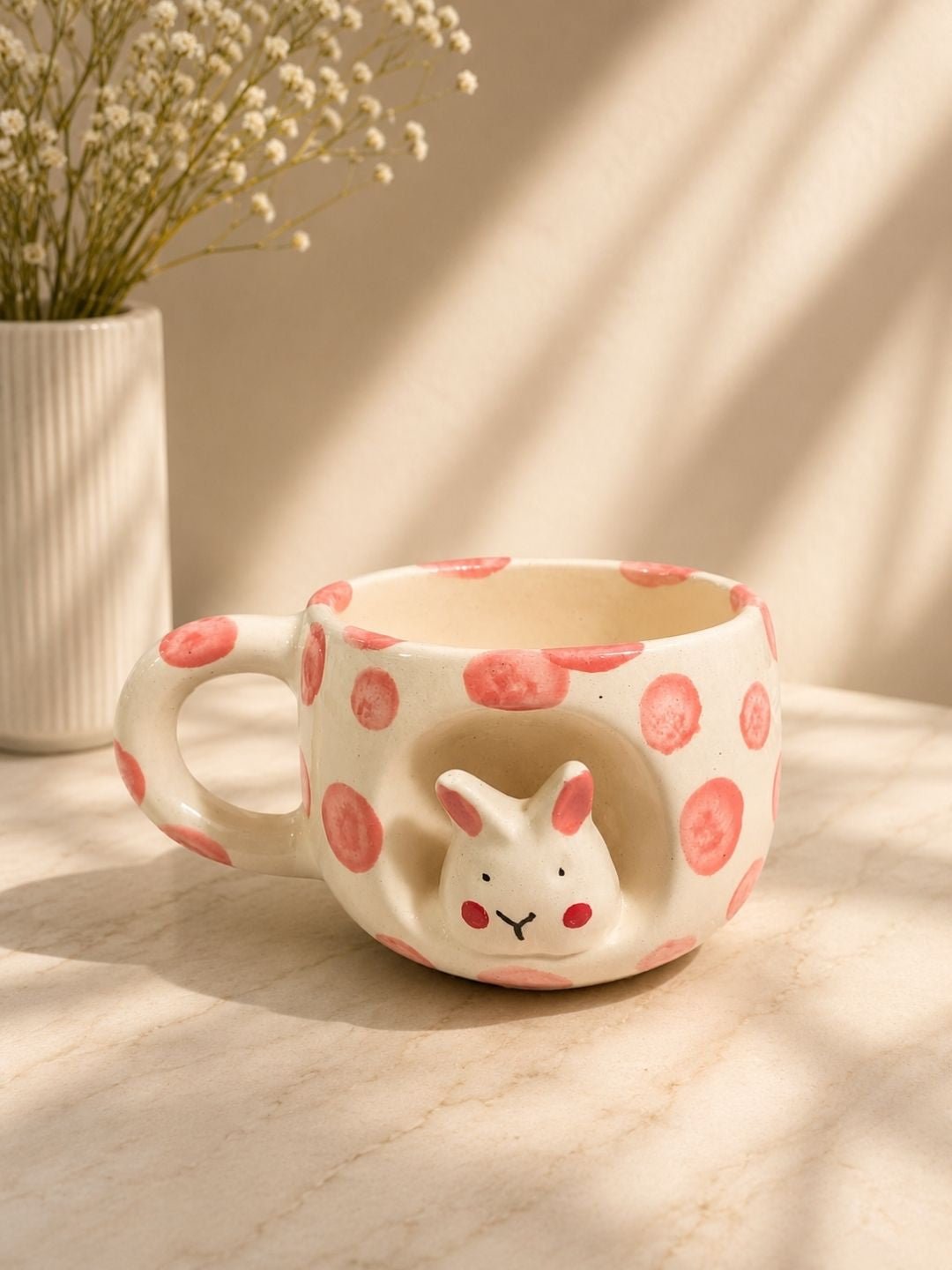 Handcrafted Bunny Ceramic Coffee Mug | Cute Hand-Painted Polka Dot Tea Cup | Artisan Mug | 300 ml | Handcrafted by CHAAK DESIGN