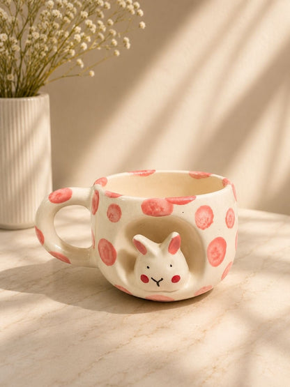 Handcrafted Bunny Ceramic Coffee Mug | Cute Hand-Painted Polka Dot Tea Cup | Artisan Mug | 300 ml | Handcrafted by CHAAK DESIGN