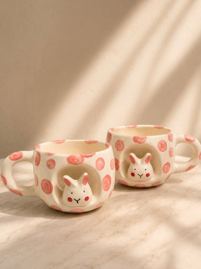 Handcrafted Bunny Ceramic Coffee Mug | Cute Hand-Painted Polka Dot Tea Cup | Artisan Mug | 300 ml | Handcrafted by CHAAK DESIGN