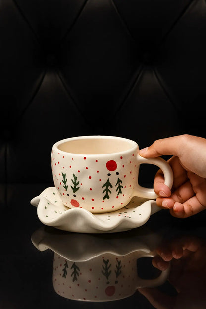 Handcrafted Ceramic Christmas Mug & Wavy Saucer Set – Hand - Painted Festive Edition | Handcrafted by CHAAK DESIGN