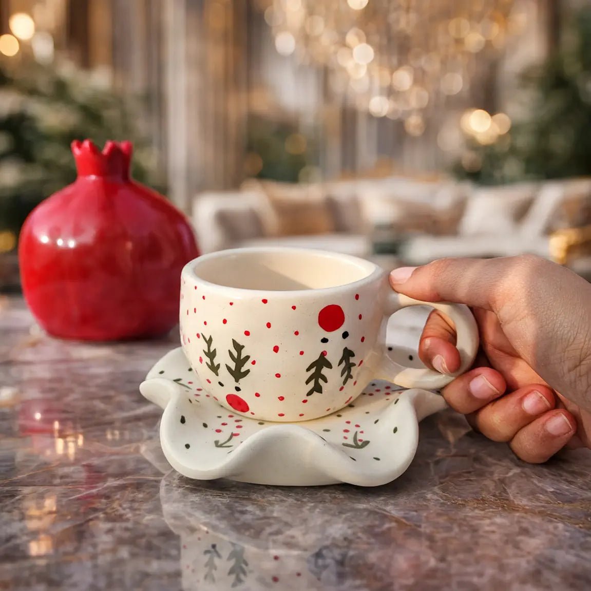 Handcrafted Ceramic Christmas Mug & Wavy Saucer Set – Hand - Painted Festive Edition | Handcrafted by CHAAK DESIGN