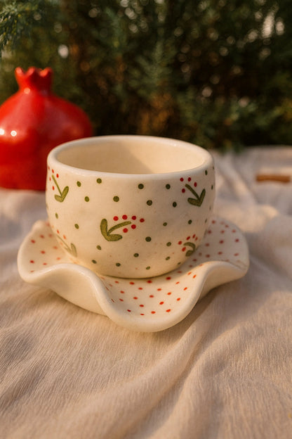 Handcrafted Ceramic Coffee Mug & Wavy Saucer Set – Hand - Painted Festive Floral Edition | Handcrafted by CHAAK DESIGN