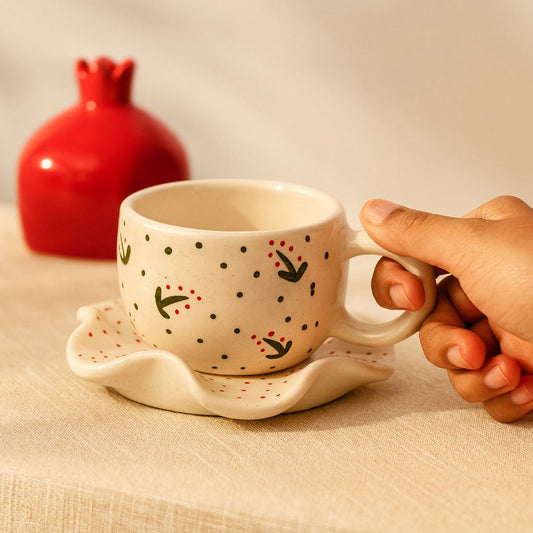 Handcrafted Ceramic Coffee Mug & Wavy Saucer Set – Hand - Painted Festive Floral Edition | Handcrafted by CHAAK DESIGN