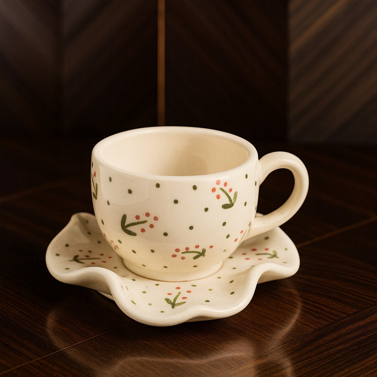 Handcrafted Ceramic Coffee Mug & Wavy Saucer Set – Hand - Painted Festive Floral Edition | Handcrafted by CHAAK DESIGN