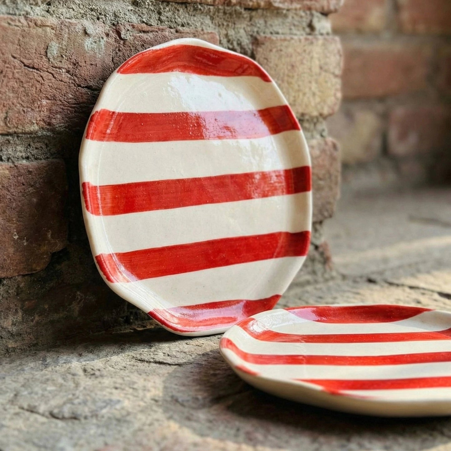 Handcrafted Ceramic Quarter Plates – Set of 2 | Red & White Striped Snack Plates | Microwave & Dishwasher Safe | Handcrafted by CHAAK DESIGN