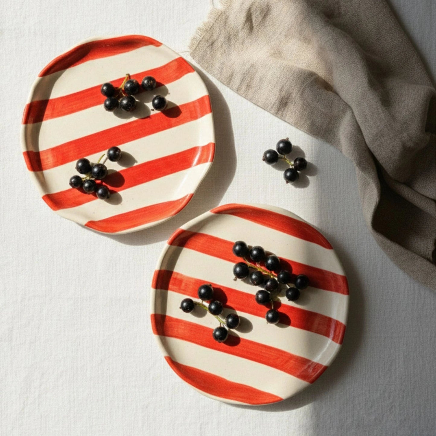 Handcrafted Ceramic Quarter Plates – Set of 2 | Red & White Striped Snack Plates | Microwave & Dishwasher Safe | Handcrafted by CHAAK DESIGN