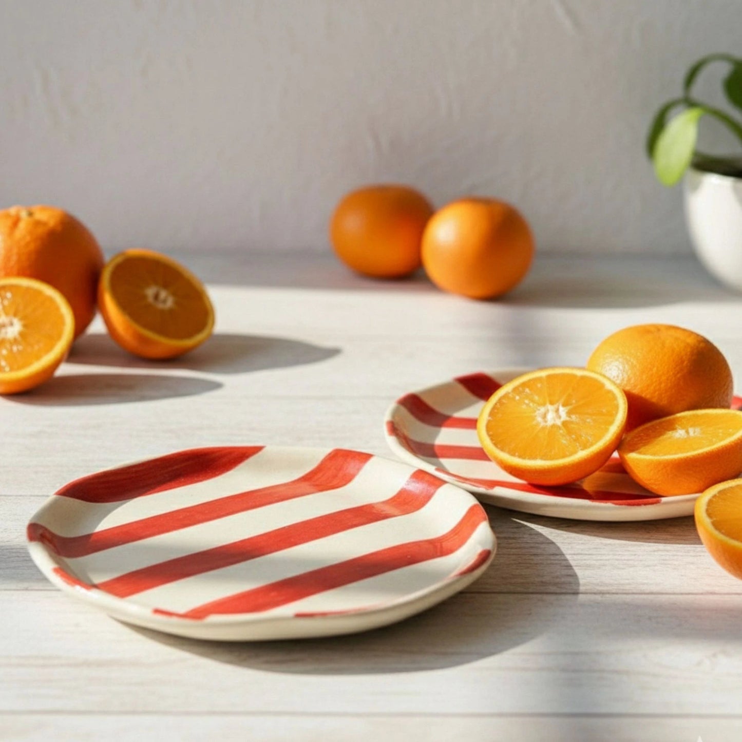 Handcrafted Ceramic Quarter Plates – Set of 2 | Red & White Striped Snack Plates | Microwave & Dishwasher Safe | Handcrafted by CHAAK DESIGN