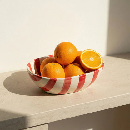 Handcrafted Ceramic Serving Bowl | Red & White Striped Snack Bowl | Microwave & Dishwasher Safe | Handcrafted by CHAAK DESIGN