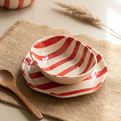 Handcrafted Ceramic Serving Bowl | Red & White Striped Snack Bowl | Microwave & Dishwasher Safe | Handcrafted by CHAAK DESIGN