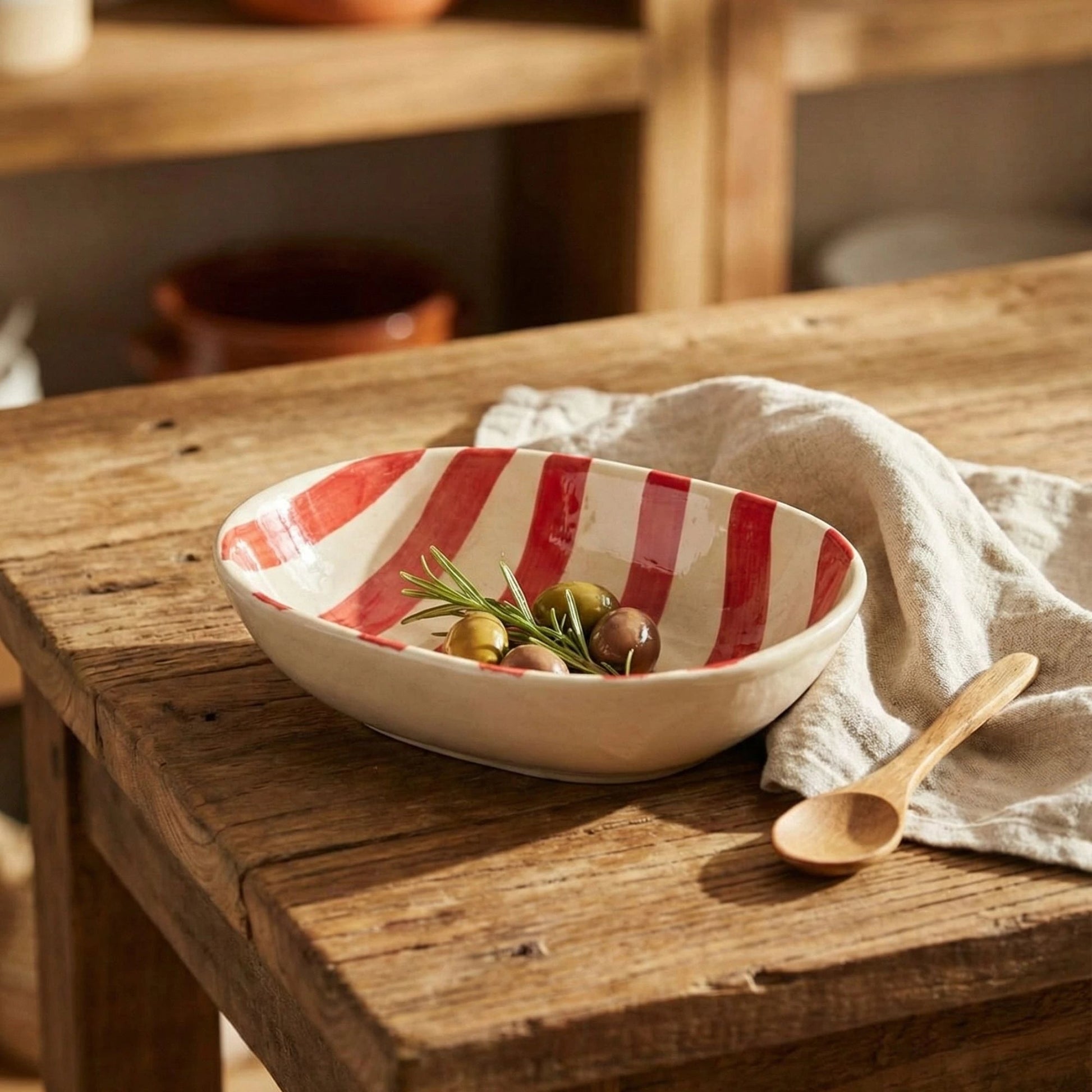 Handcrafted Ceramic Serving Bowl | Red & White Striped Snack Bowl | Microwave & Dishwasher Safe | Handcrafted by CHAAK DESIGN