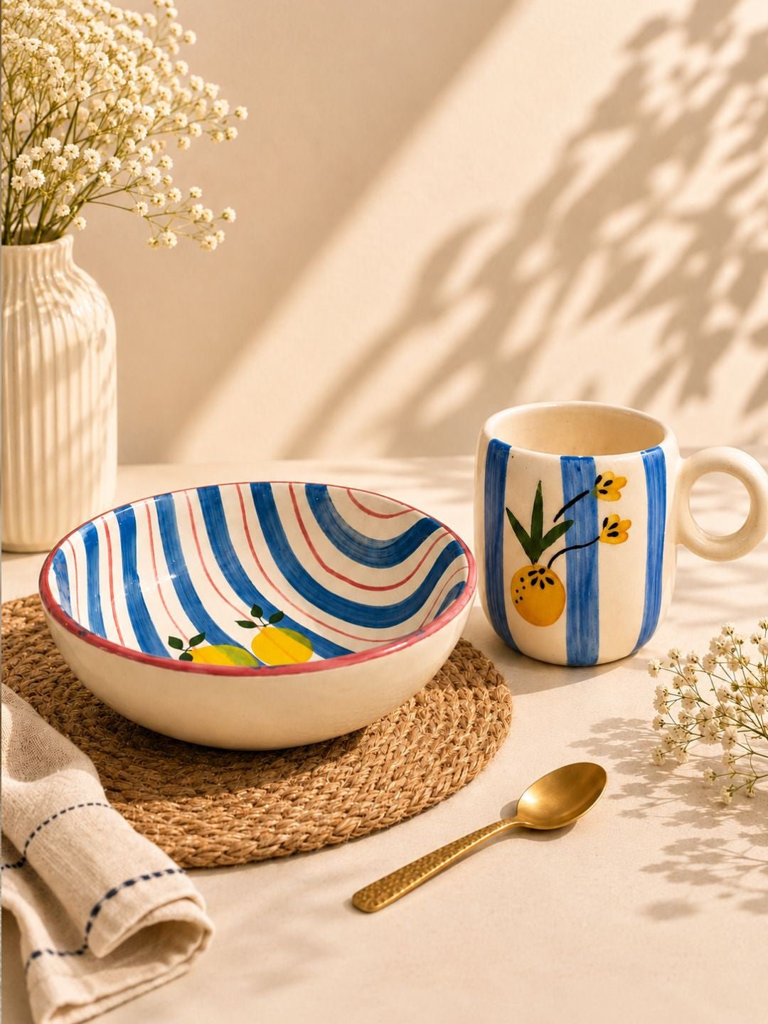 Handcrafted Citrus Ceramic Breakfast Set | Mug & Bowl Combo | Lemon Hand-Painted Breakfast Set | Chaak Design | Handcrafted by CHAAK DESIGN