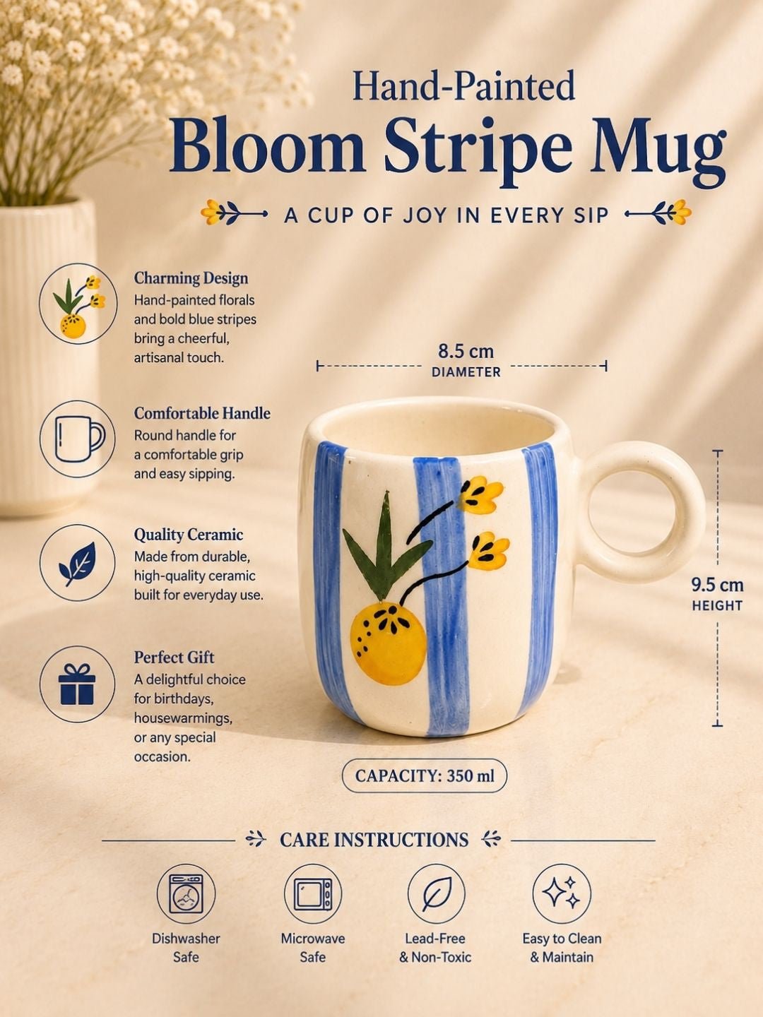 Handcrafted Citrus Floral Ceramic Coffee Mug | Hand-Painted Blue Striped Artisan Tea & Coffee Mug | 300 ml | Handcrafted by CHAAK DESIGN