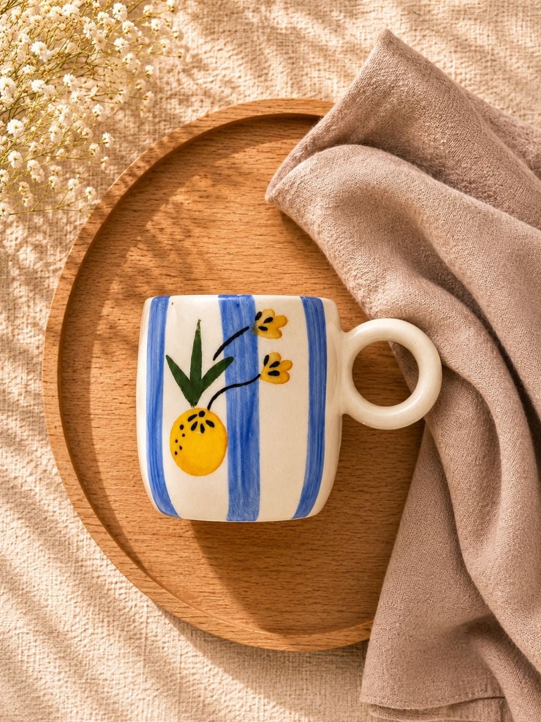 Handcrafted Citrus Floral Ceramic Coffee Mug | Hand-Painted Blue Striped Artisan Tea & Coffee Mug | 300 ml | Handcrafted by CHAAK DESIGN