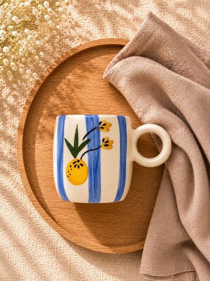Handcrafted Citrus Floral Ceramic Coffee Mug | Hand-Painted Blue Striped Artisan Tea & Coffee Mug | 300 ml | Handcrafted by CHAAK DESIGN