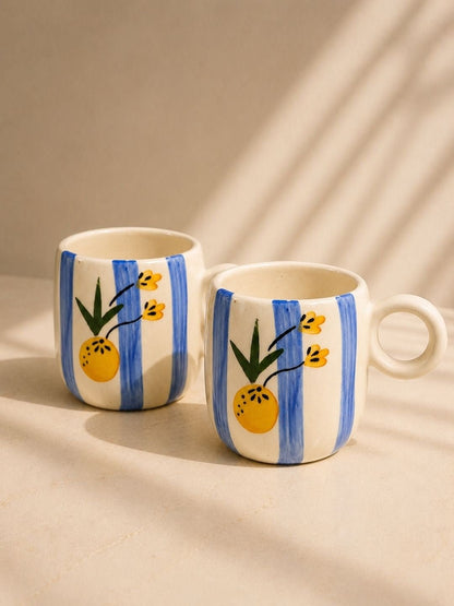 Handcrafted Citrus Floral Ceramic Coffee Mug | Hand-Painted Blue Striped Artisan Tea & Coffee Mug | 300 ml | Handcrafted by CHAAK DESIGN