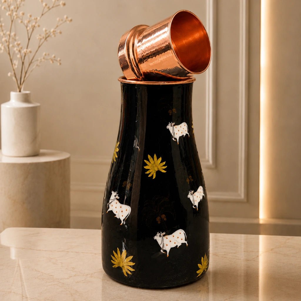 Handcrafted Copper Bedside Tumbler with Artistic Cow Print & Inbuilt Glass | Premium Wellness Drinkware | Chaak Design | Handcrafted by CHAAK DESIGN