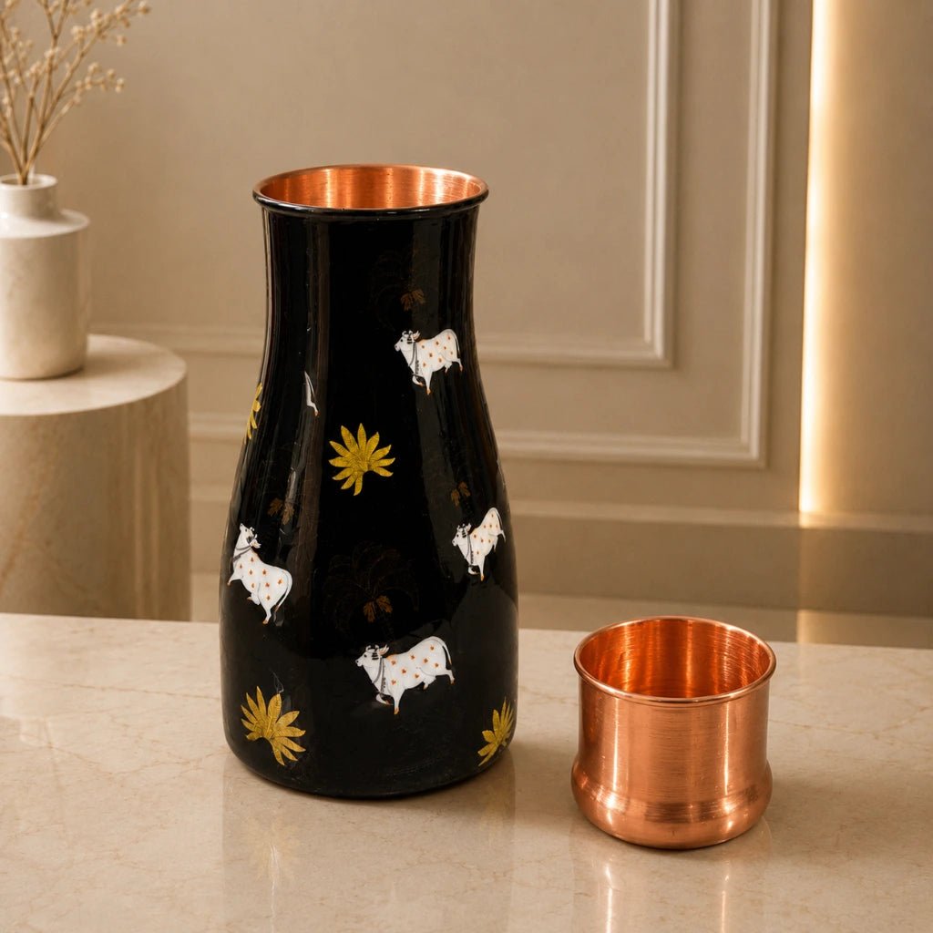 Handcrafted Copper Bedside Tumbler with Artistic Cow Print & Inbuilt Glass | Premium Wellness Drinkware | Chaak Design | Handcrafted by CHAAK DESIGN