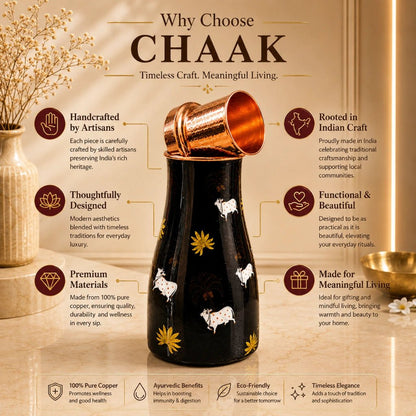 Handcrafted Copper Bedside Tumbler with Artistic Cow Print & Inbuilt Glass | Premium Wellness Drinkware | Chaak Design | Handcrafted by CHAAK DESIGN