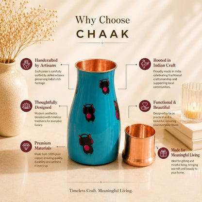 Handcrafted Copper Bedside Tumbler with Artistic Owl Print & Inbuilt Glass | Chaak Design | Handcrafted by CHAAK DESIGN
