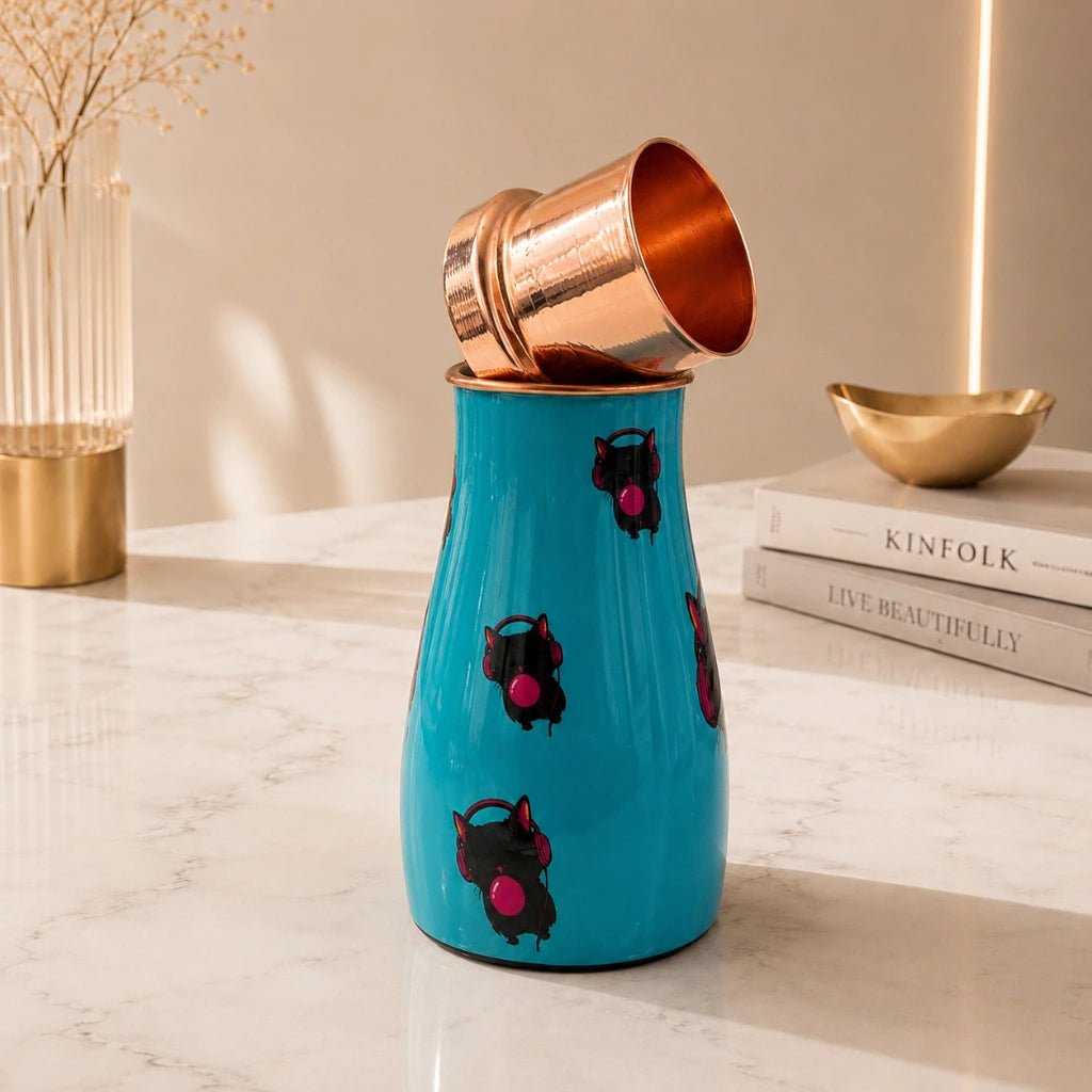 Handcrafted Copper Bedside Tumbler with Artistic Owl Print & Inbuilt Glass | Chaak Design | Handcrafted by CHAAK DESIGN
