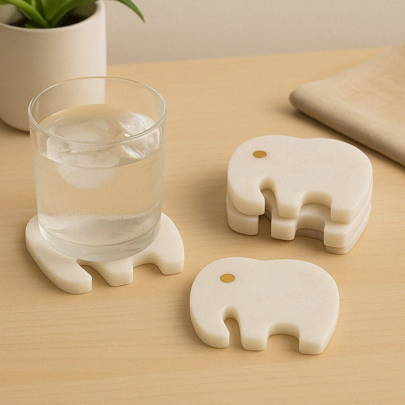 Handcrafted elephant marble coasters with brass inlay, set of 4, by Chaak Design
